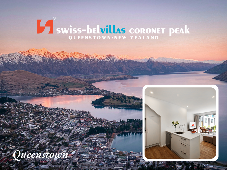 Swiss-Bel Villas Coronet Peak in Queenstown, New Zealand. Scenic aerial view with insert of a villa interior.