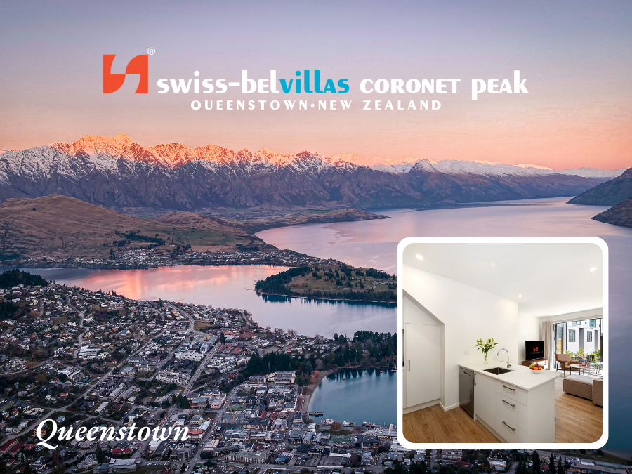 Swiss-Belsuites Pounamu in Queenstown, New Zealand. Scenic view of lake and mountains. Interior suite shot.