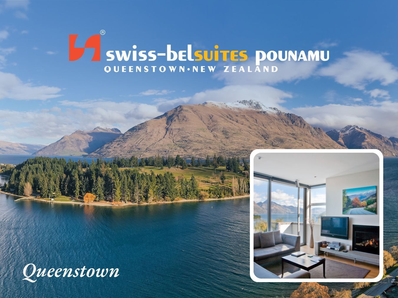 Swiss-Belsuites Pounamu in Queenstown, New Zealand. Scenic view of lake and mountains. Interior suite shot.