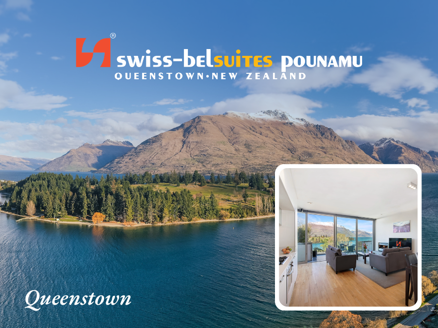 Swiss-Belsuites Pounamu in Queenstown, New Zealand. Scenic view of lake and mountains. Interior suite shot.