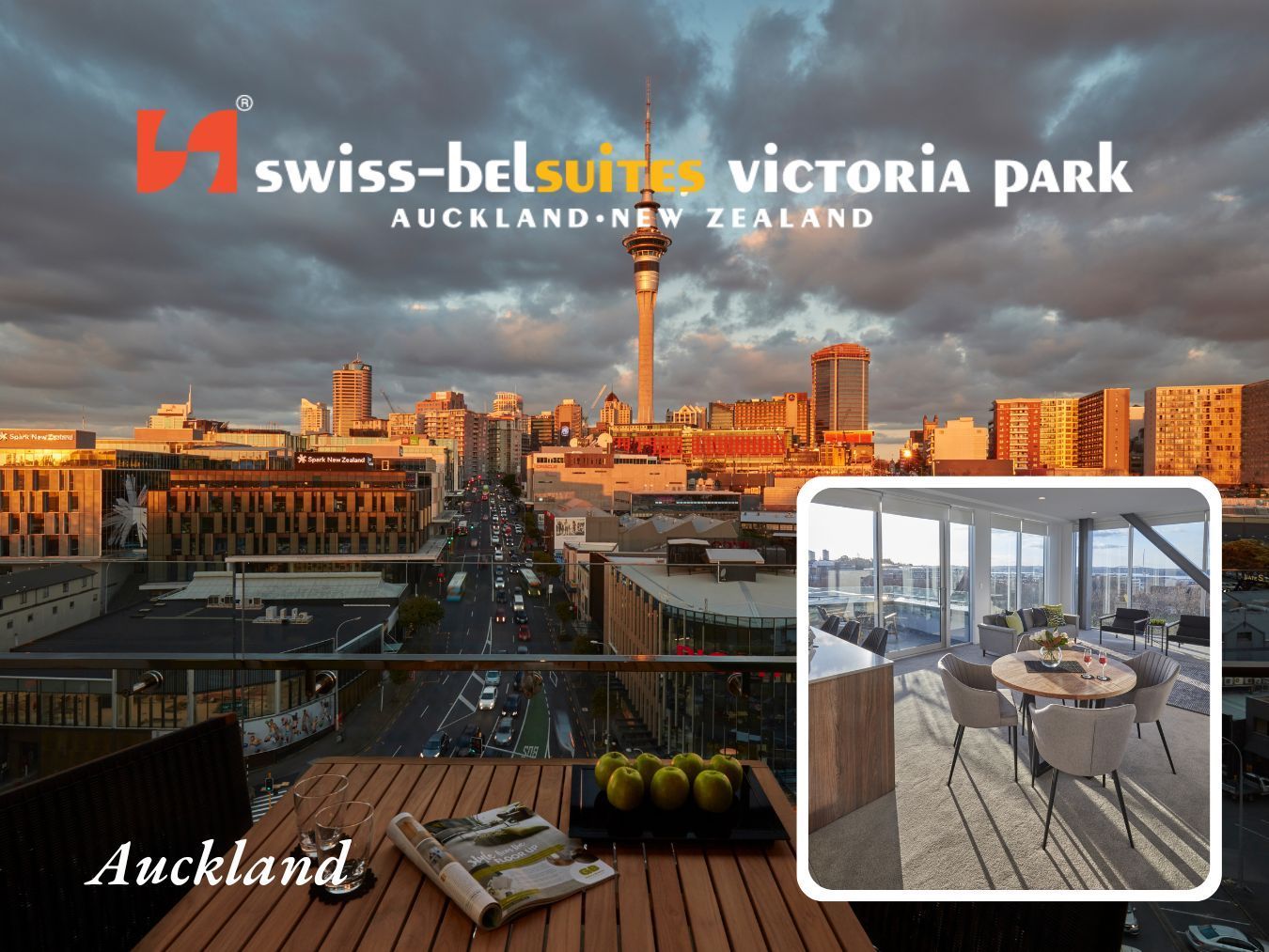 View from a balcony at Swiss-Bel Suites Victoria Park in Auckland, New Zealand, overlooking city and Sky Tower.