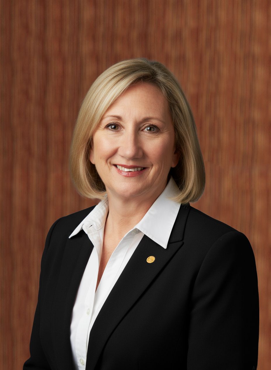 Woman in black blazer smiles, stands before wood-paneled background.