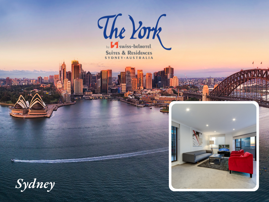 The York Suites & Residences in Sydney, Australia. City skyline with interior of a modern living area in a frame.