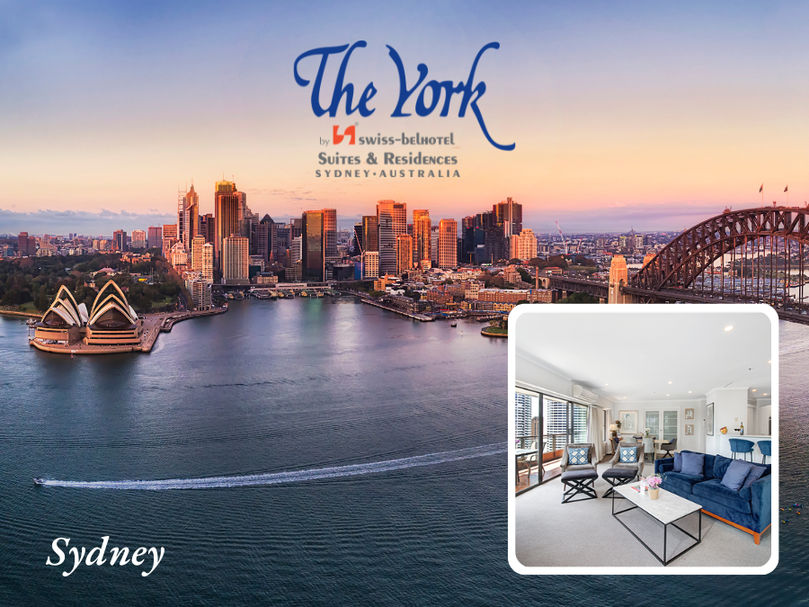 The York Suites & Residences in Sydney, Australia. City skyline with interior of a modern living area in a frame.