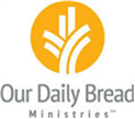 The logo for our daily bread ministries is yellow and white.