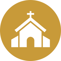 An icon of a church with a cross on the roof.