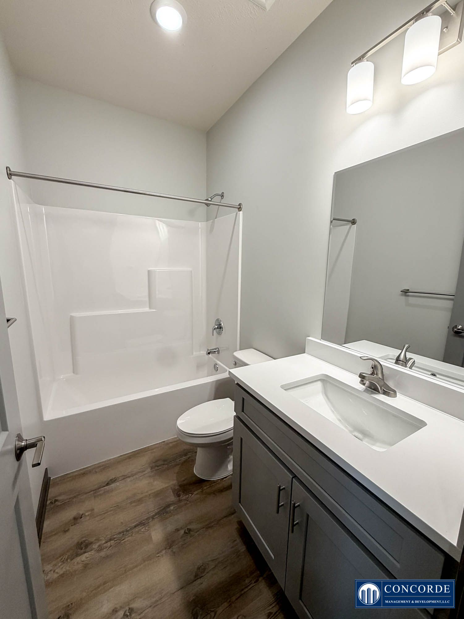 Modern bathroom with a tub-shower, toilet, vanity sink, mirror, and wood-look floor.
