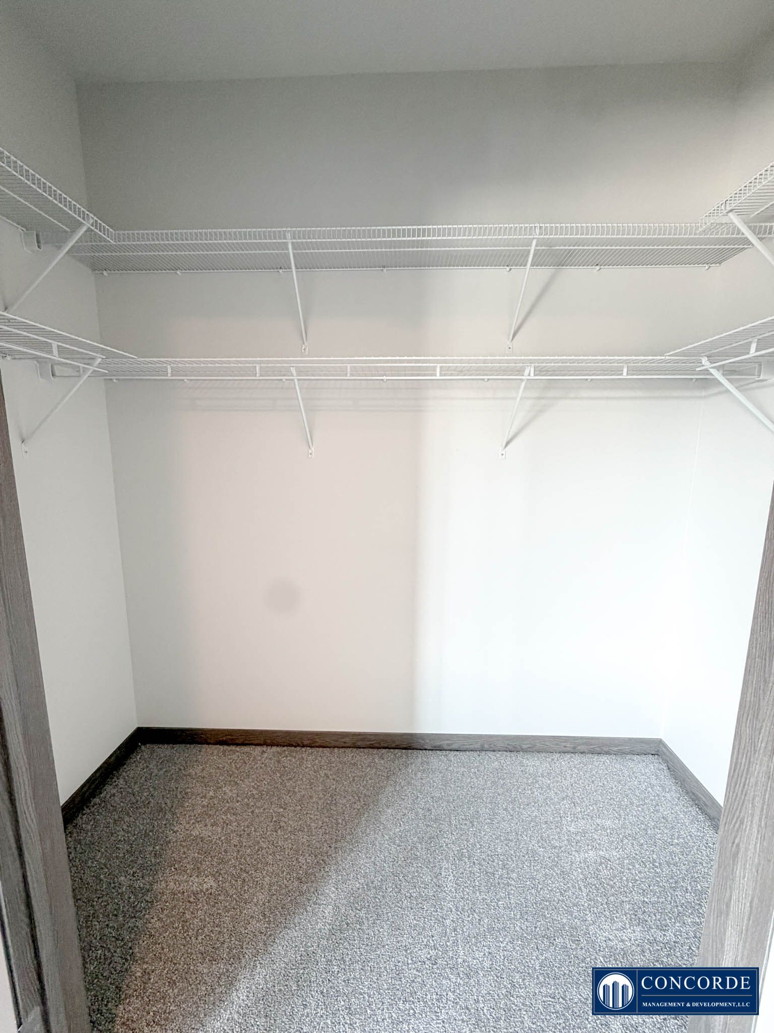 Empty closet with white walls, wire shelving, and gray carpeted floor.