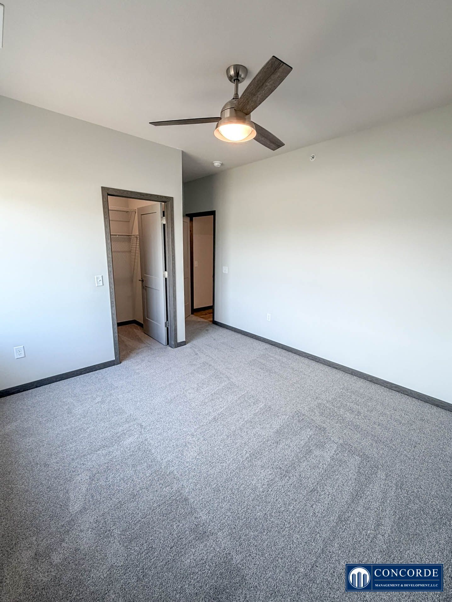 Empty bedroom with gray carpet, white walls, ceiling fan, and open closet and doorway.