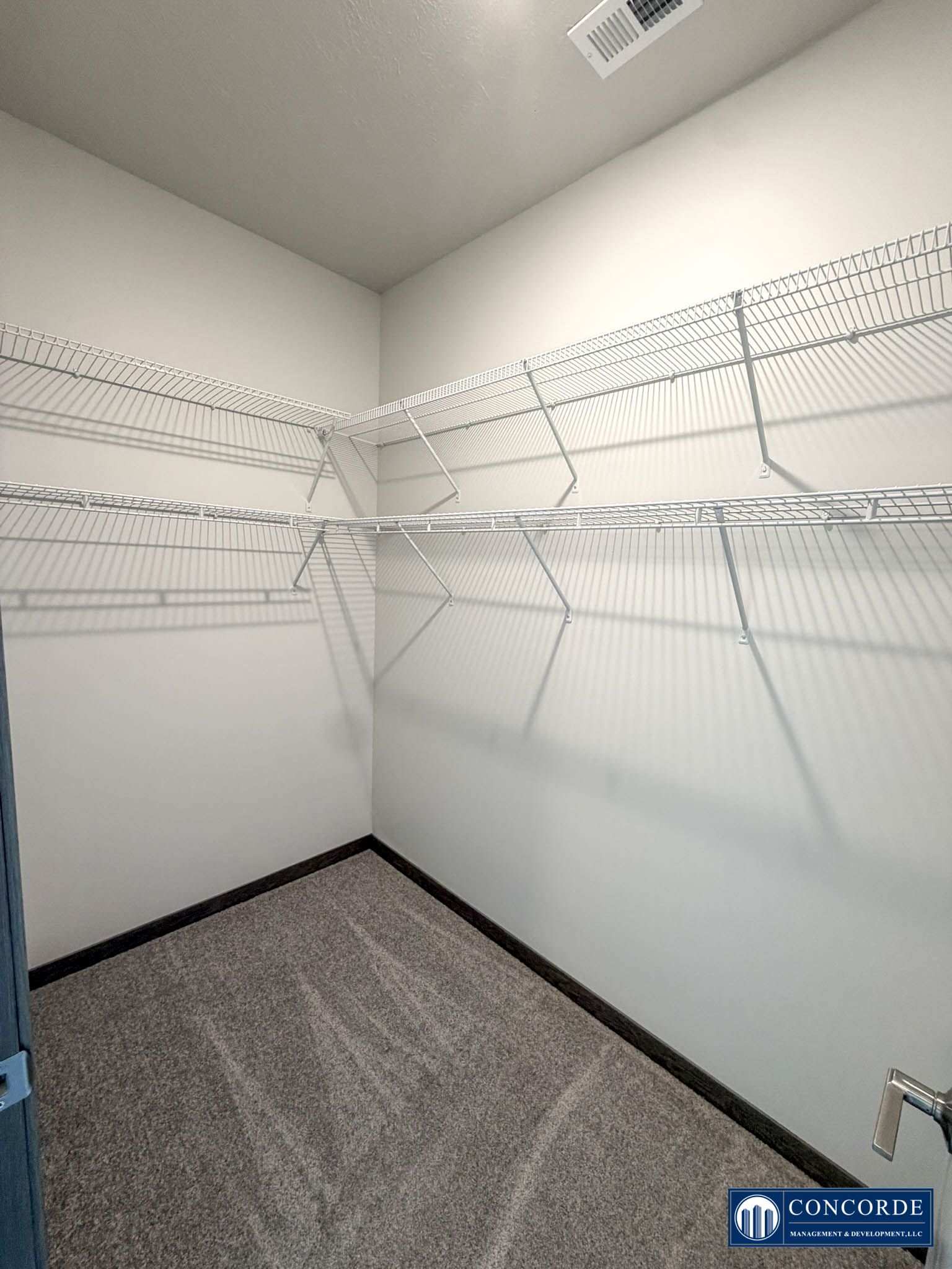 Empty walk-in closet with wire shelving, white walls, and gray carpet.