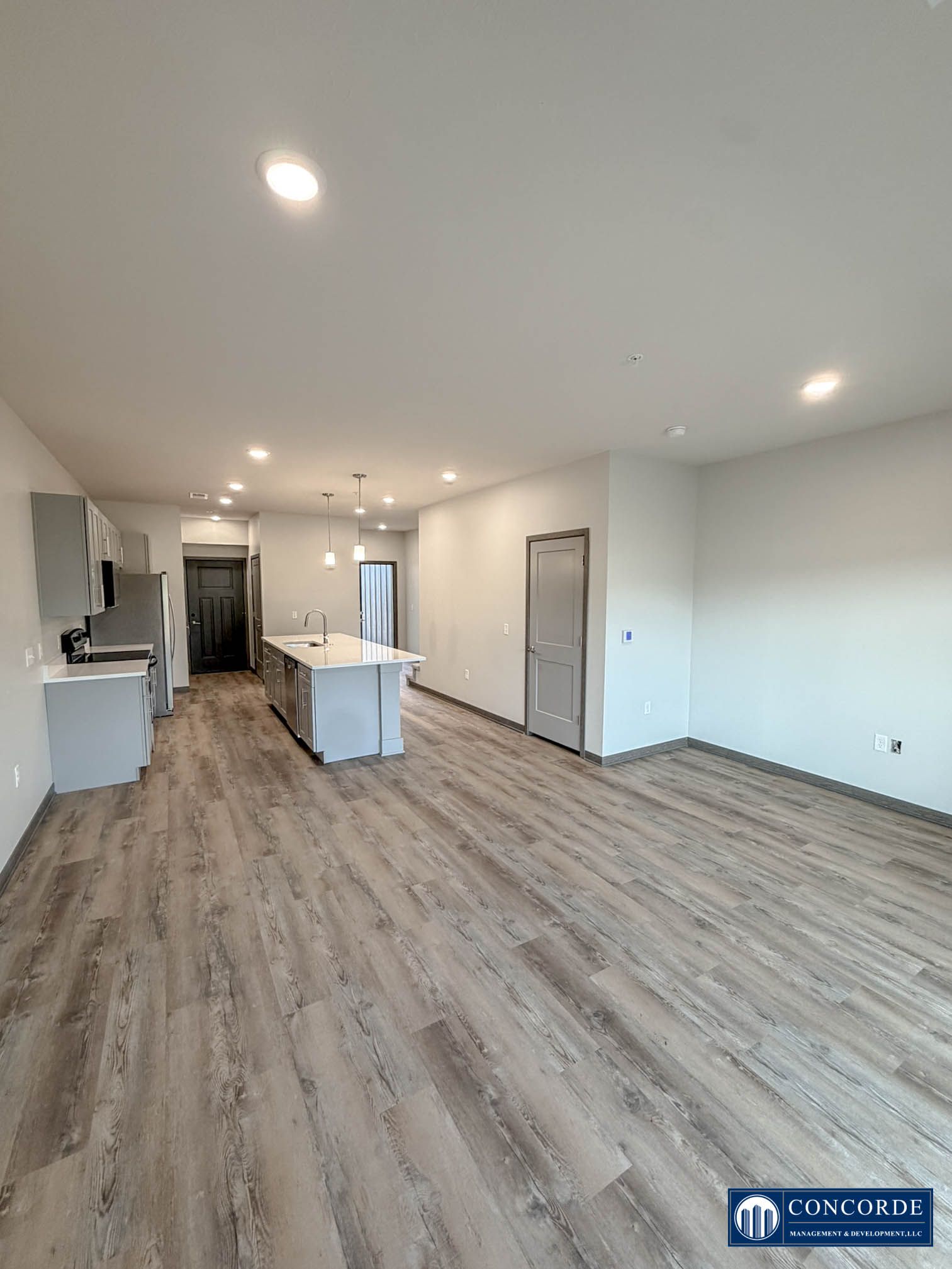 Bright open-concept kitchen and living area with wood-look flooring, white cabinets, and recessed lighting.