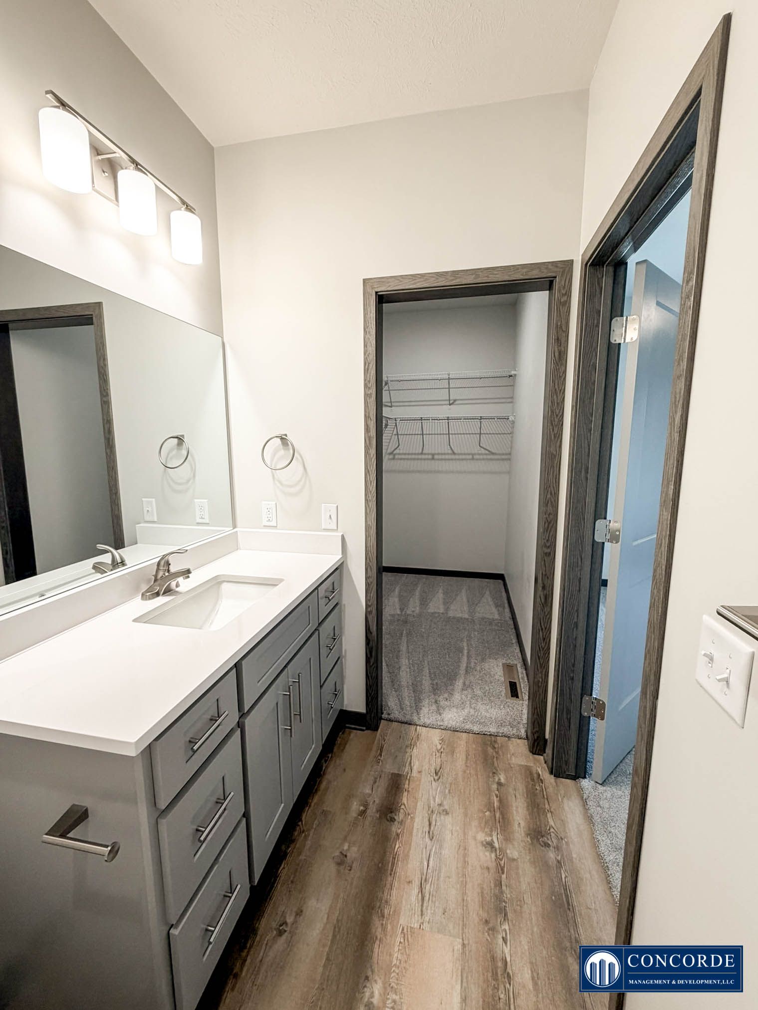 Bright modern bathroom with gray vanity, large mirror, and open doorway to a walk-in closet.