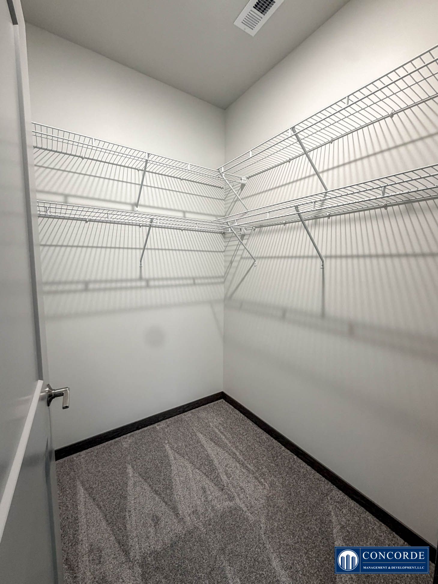 Empty walk-in closet with white walls, wire shelving, and gray carpet.