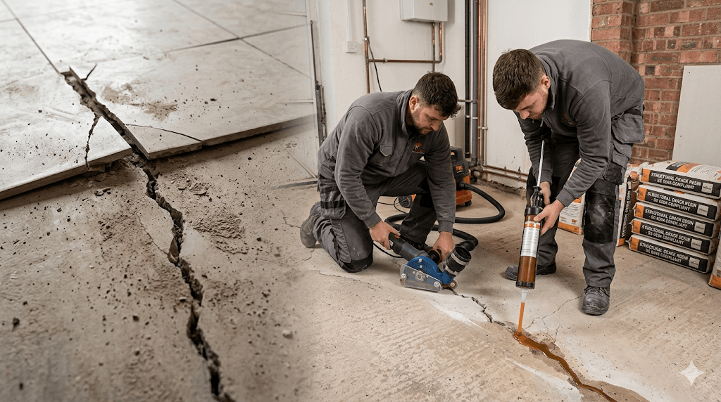 Specialist technicians repairing concrete cracks via grinding and resin injection to ensure stable tiling for Tile Titans UK