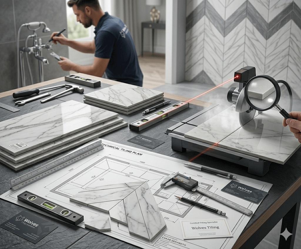 Specialist tiling technical workshop visualization: diamond-blade wet saw precision cuts for large-format porcelain, laser-guided pattern matching, and mitered edges for seamless architectural integration.