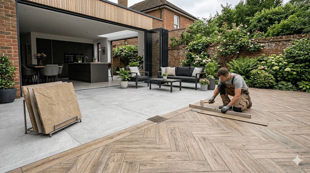 UK indoor-outdoor living with seamless polished concrete-effect porcelain, intricate wood-effect terrace, and detailed sandstone porcelain comparison.