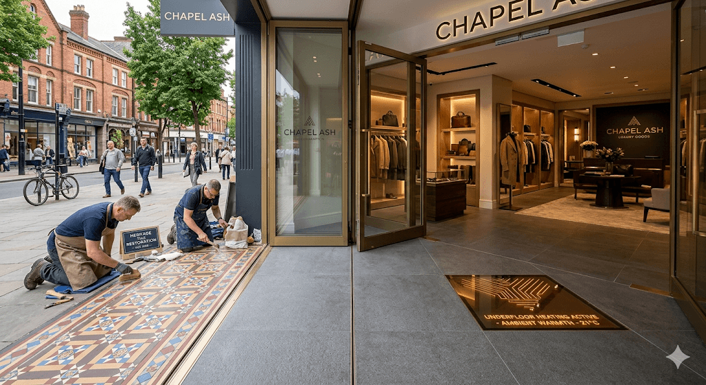 Expert retail floor restoration featuring intricate Victorian geometric tile patterns combined with modern underfloor heating and Part M-compliant accessibility transitions