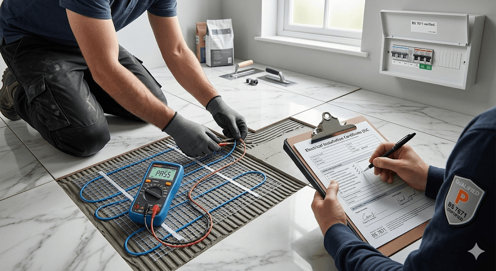 Certified UK specialist tiler verifies and signs Electrical Installation Certificate for new electric underfloor heating system