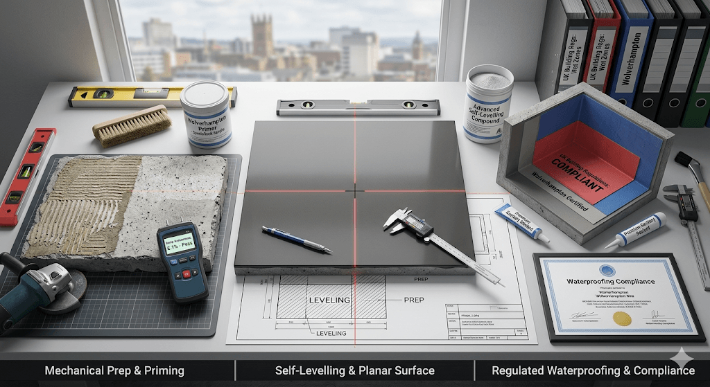 Wolverhampton expert tiler's specification desk visualization: precision self-levelling for planar surfaces and regulated UK building regs-compliant waterproofing membranes for wet zones.