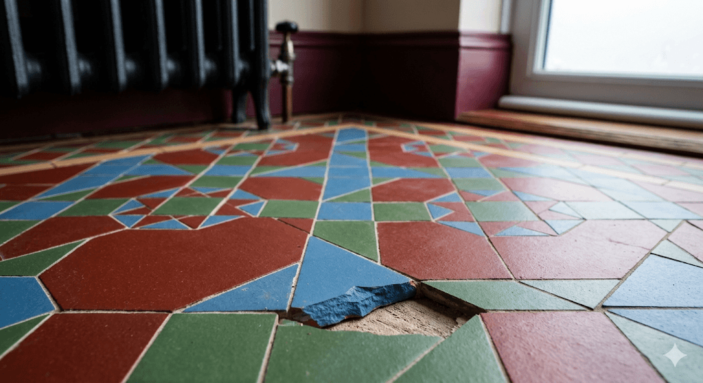 Close-up of vitrified clay geometric hallway tiles showing through-body color and precise installation.