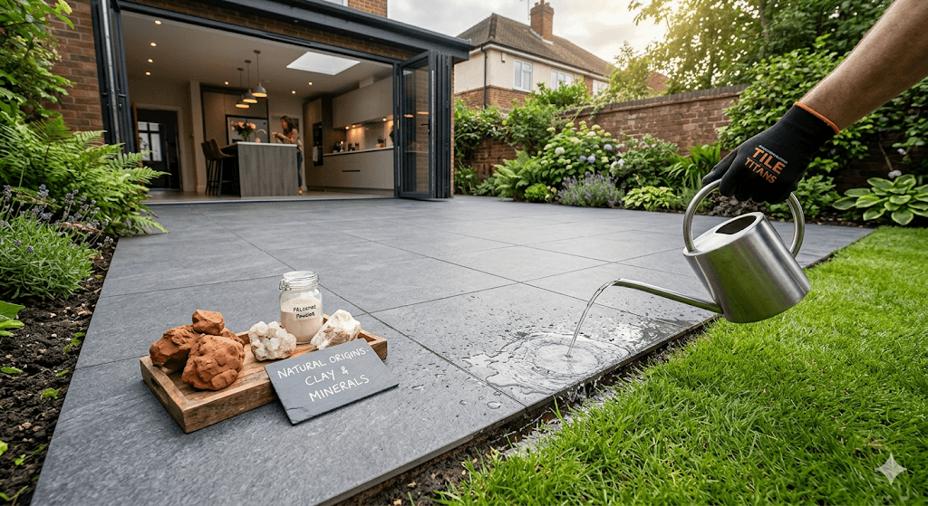 Sustainable porcelain patio by Tile Titans showing natural clay origins, chemical-free water cleaning, and eco-friendly runoff into a lush lawn.