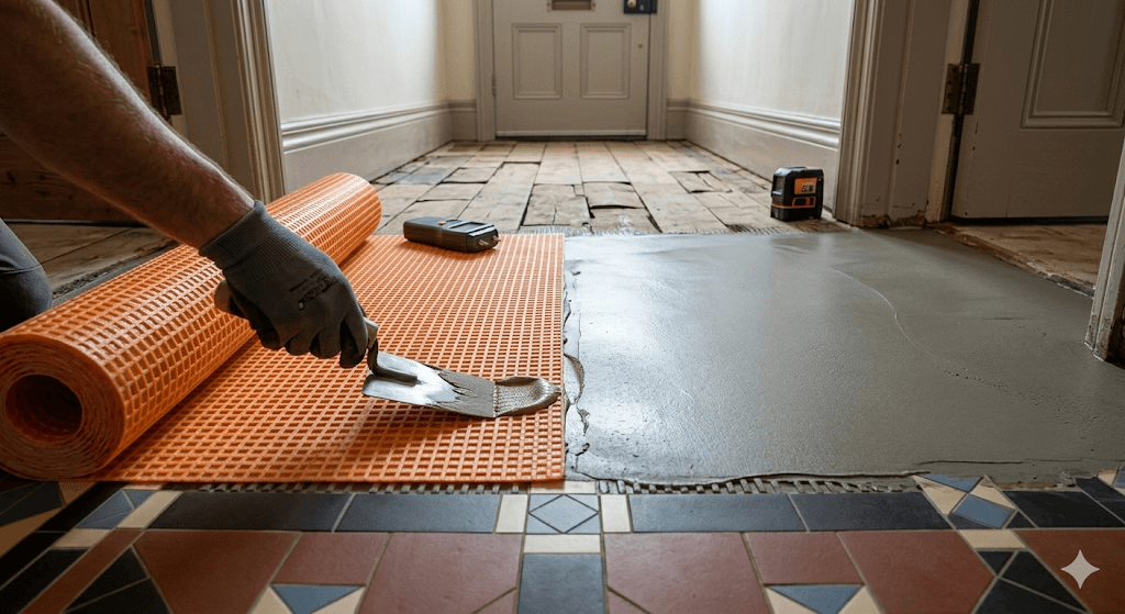 Installation of decoupling membrane and leveling compound for Victorian geometric tiling foundation