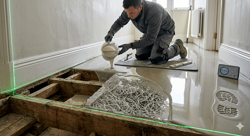 UK specialist floor leveling technician pouring fibre-reinforced compound over uneven timber joists to create a glass-smooth subfloor