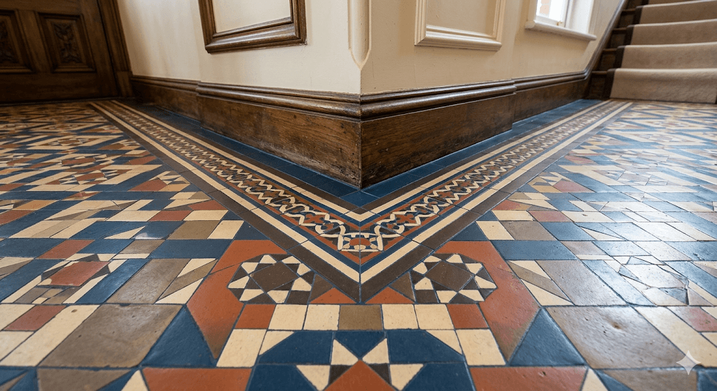 showing symmetrical geometric patterns and expert mitre-cut borders with flush edges.