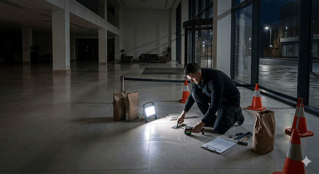 Hyperrealistic UK commercial tiling: focused night work in Wolverhampton, combining large-scale rapid-set install and seamless color-matched micro-repairs