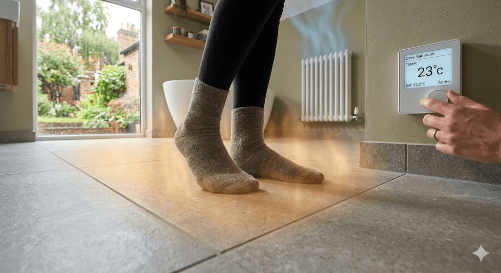 Uniform warmth for feet: UK homeowner experiences precision zoned radiant heat from flawless specialist tiled floor via integrated electric UFH