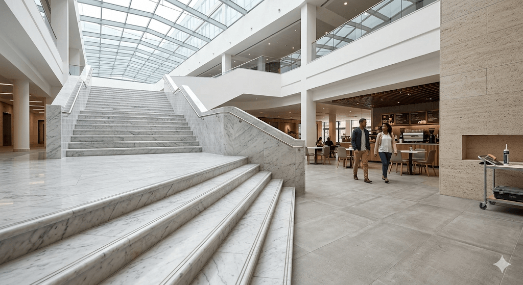 Hyperrealistic view of a UK multi-level commercial space with flawless polished marble stairs transitioning to durable porcelain floors. Specialist tiling expertise.