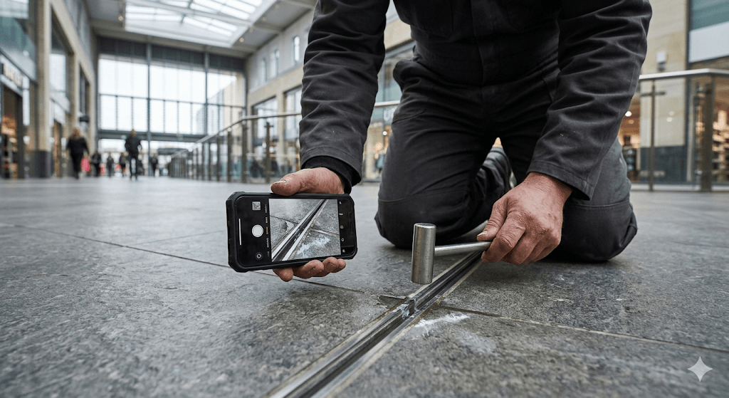UK specialist tiler conducting proactive surface audit. Hands hold tapping tool and smartphone, identifying movement joint water ingress to prevent subfloor rot.