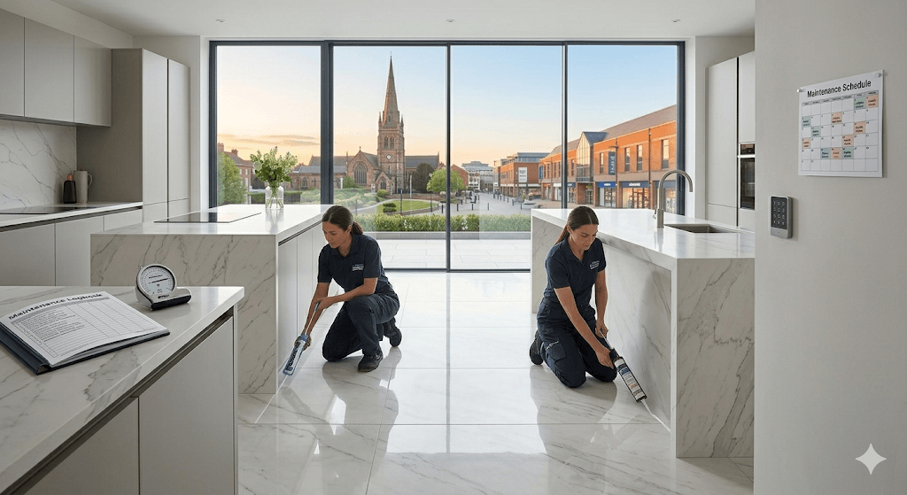 Modern kitchen with two workers cleaning the floor, city view through large windows.