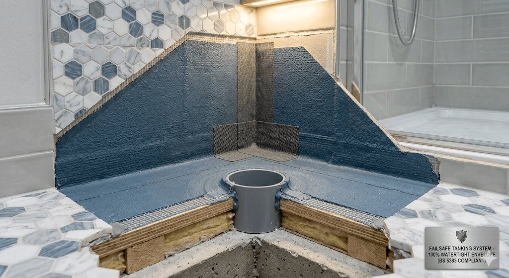 Detailed cutaway revealing the underlying, multi-layer specialist tanking system for a failsafe, waterproof wet room installation