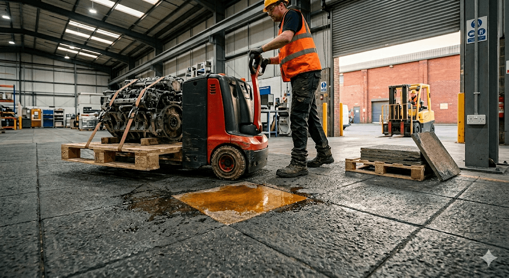 Durable UK industrial floor with technical anti-slip tiles, supporting a pallet truck. Worker grip demonstrated near a spill. Safe heavy-duty engineering.