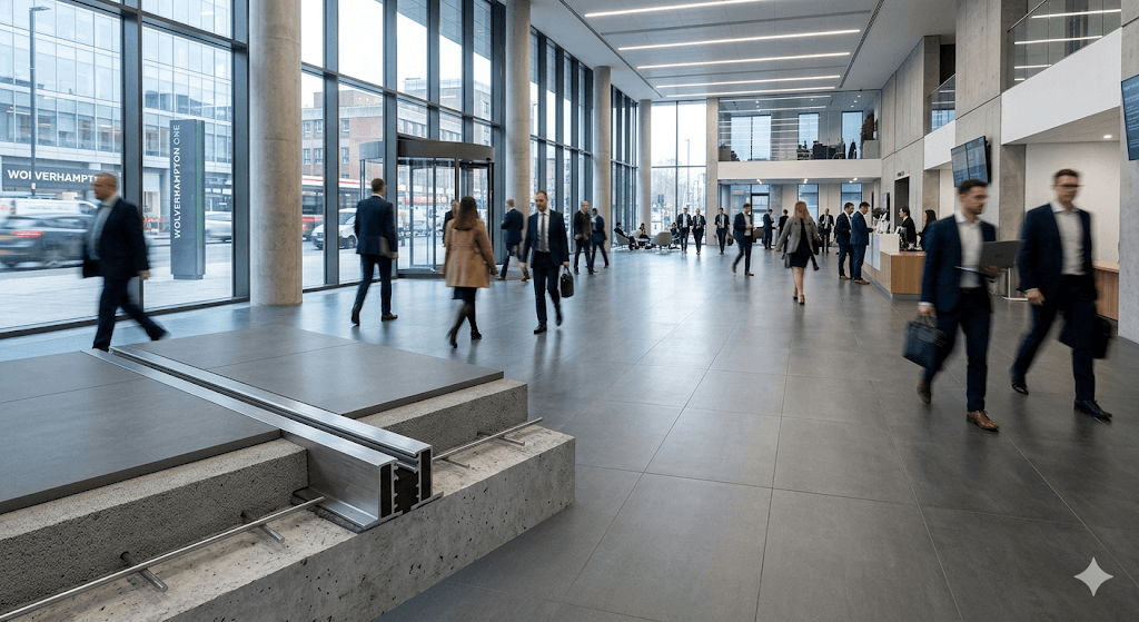 Durable, low-porosity commercial flooring engineered for heavy footfall in office hubs and industrial units, showing technical compliance and a perfectly level foundation.