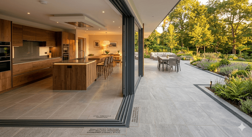 A flawless, level-threshold transition from a modern kitchen floor to a matching, large-format 20mm vitrified porcelain patio, showcasing durable, all-weather 'Inside-Out' style