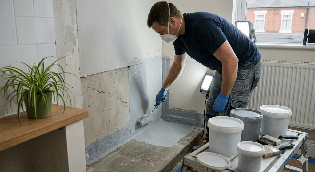 Tile Titans Wolverhampton is applying a continuous, Low-VOC flexible wet room waterproofing membrane designed for thermal shock resistance.