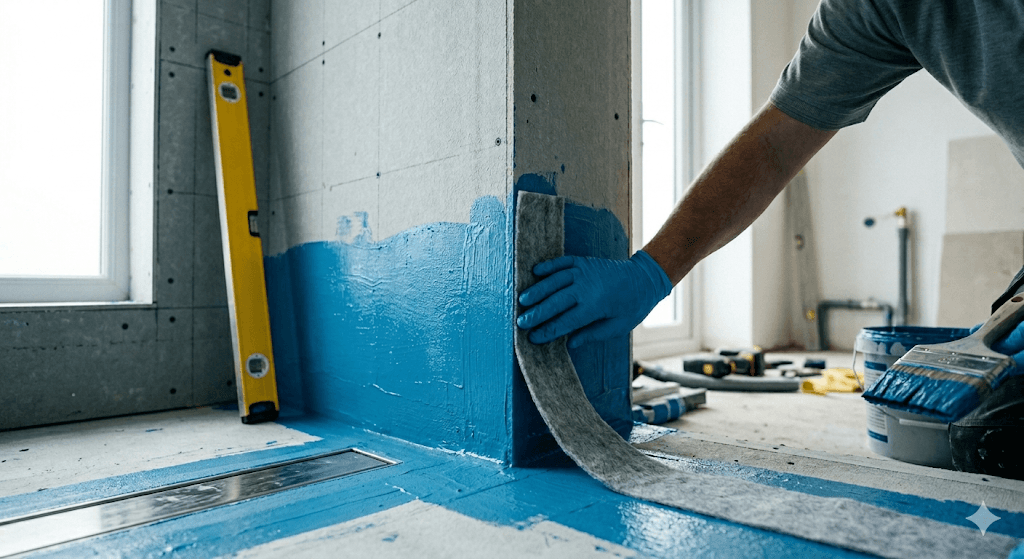 Specialist wet room waterproofing membrane and corner seal installation by Tile Titans UK for BS 5385 compliance.