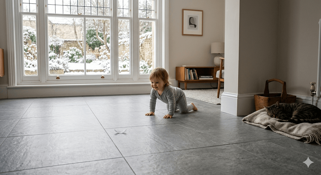 Hyperrealistic photo of barefoot child on warm porcelain floor in a radiator-free, hypoallergenic UK home with clean air and improved design freedom.
