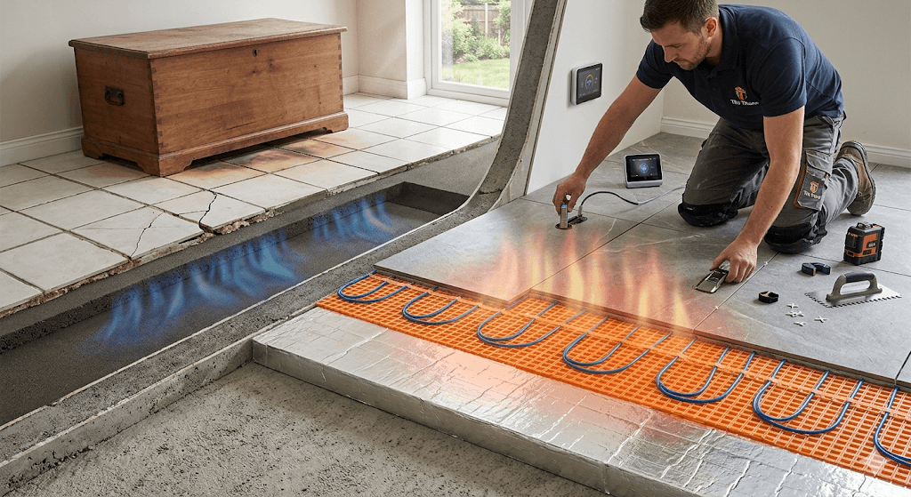 Tile Titans Wolverhampton is applying a continuous, Low-VOC flexible wet room waterproofing membrane designed for thermal shock resistance.