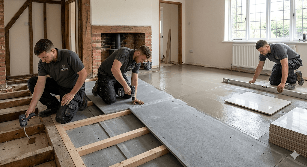 Professional UK floor levelling and timber subfloor prep, showing stabilization with backer boards and precision self-levelling matrix to prevent tile cracks