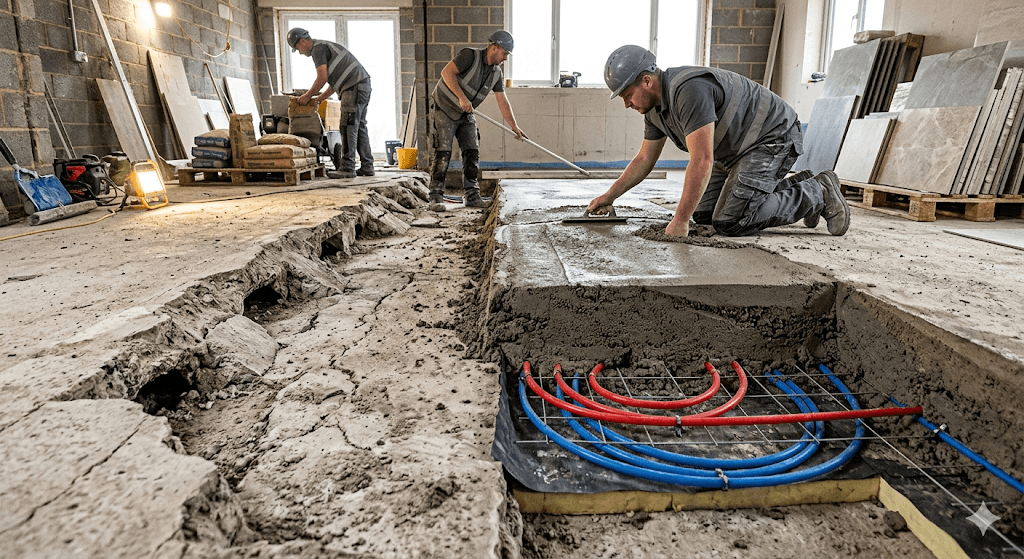 A hyperrealistic cross-section photo of deep-bed screed installation with integrated underfloor heating for a major floor correction. Specialists custom-mix on-site. Built for Tile Titans UK.