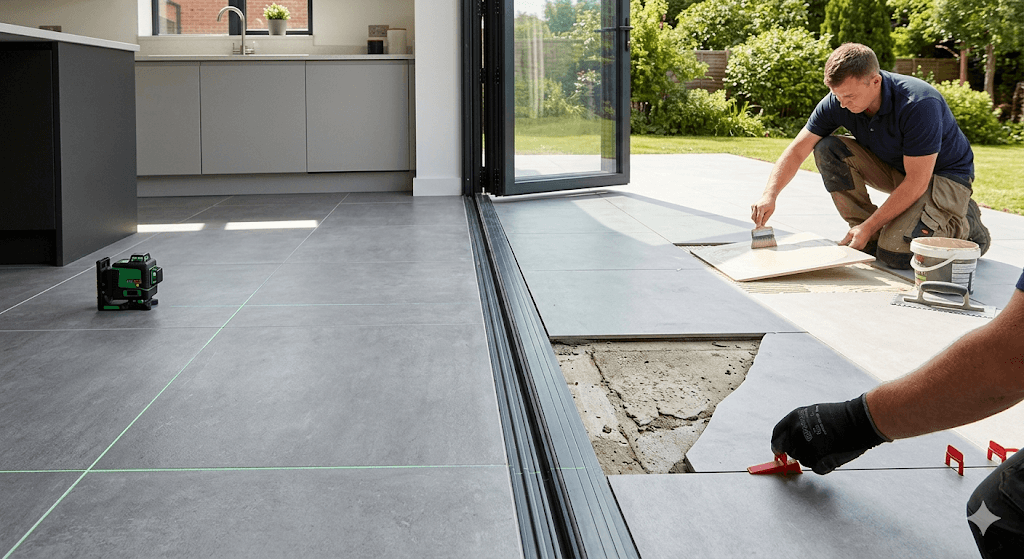 Expert Wolverhampton porcelain tiling: Laser-leveled seamless kitchen patio with SBR priming slurry for permanent, non-fading Inside-Out living.