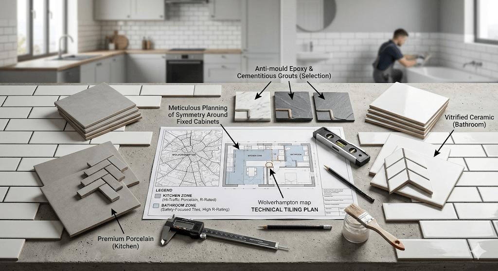 Bespoke tiling design plan for Wolverhampton kitchens and bathrooms, featuring porcelain samples, herringbone patterns, and technical grout specifications