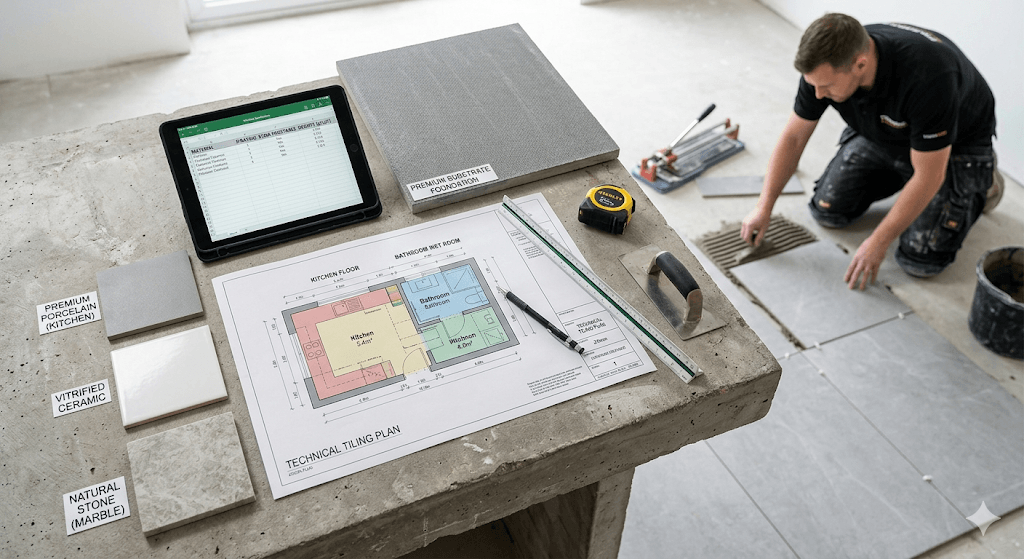 Close-up of a technical tiling plan on an architect's desk, featuring material samples for premium porcelain kitchen tiles and marble bathroom tiles, highlighting specialized substrate foundations and R-rating safety data for a professional tiling service