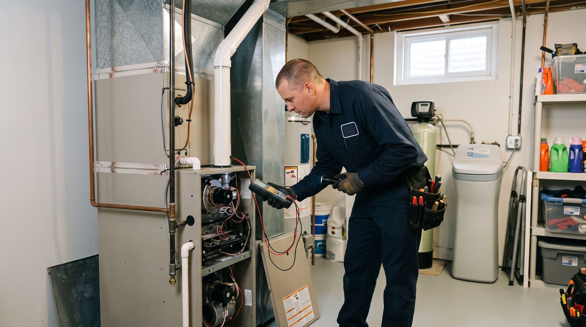 Technician inspecting a furnace in a basement utility room