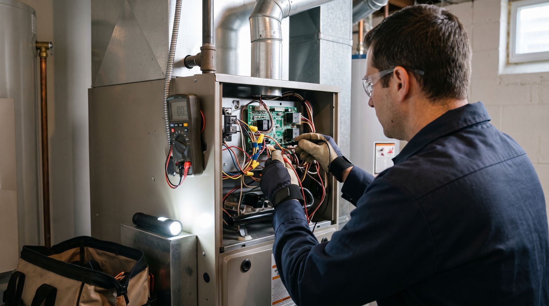 Technician inspecting open HVAC control panel with tools in a utility room