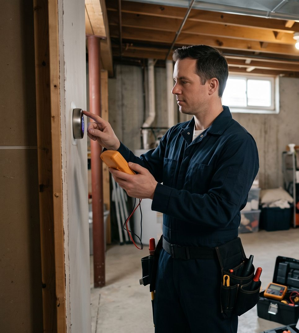 Electrician testing wiring in a basement, holding a multimeter near an exposed wall stud.
