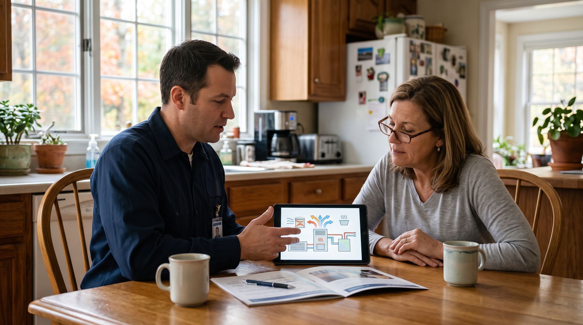 Two people reviewing a tablet at a kitchen table with papers and coffee mugs nearby.
